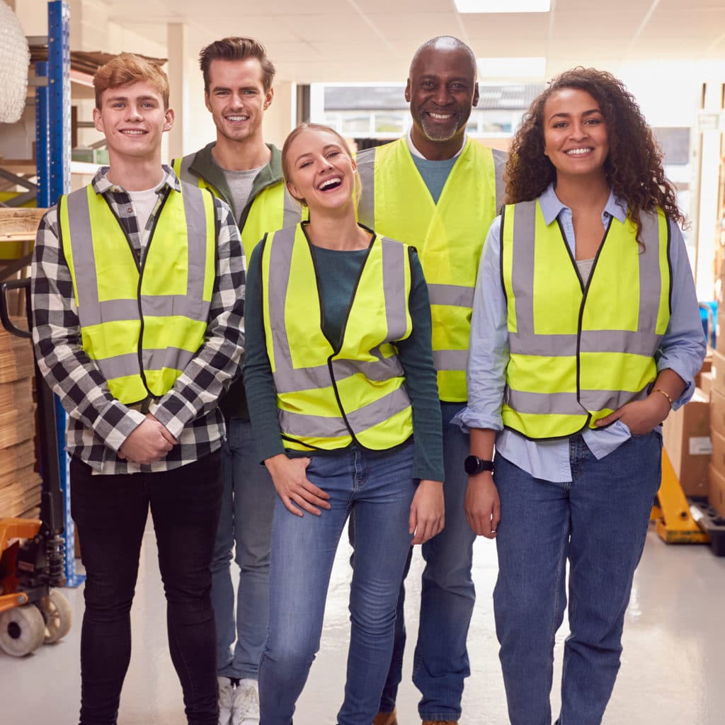 Multi-Cultural Team Wearing Hi-Vis Safety Clothing Working In Modern Warehouse